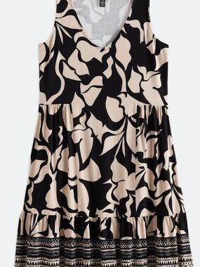 Tribal Black and Cream Abstract Print Sleeveless Tiered Dress